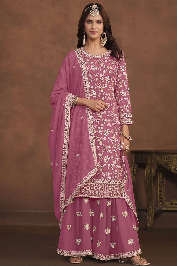 Pink Georgette Fabric Embroidered Function Wear Fancy Palazzo Salwar Kameez