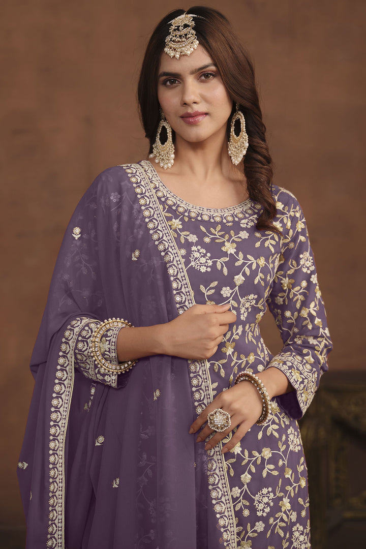 Georgette Embroidery Work Function Wear Stylish Palazzo Salwar Suit In Purple Color