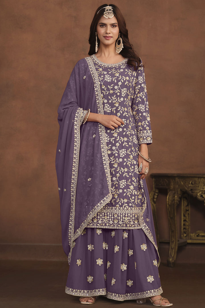 Georgette Embroidery Work Function Wear Stylish Palazzo Salwar Suit In Purple Color