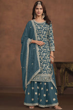 Load image into Gallery viewer, Embroidered Teal Color Function Wear Beautiful Georgette Palazzo Suit