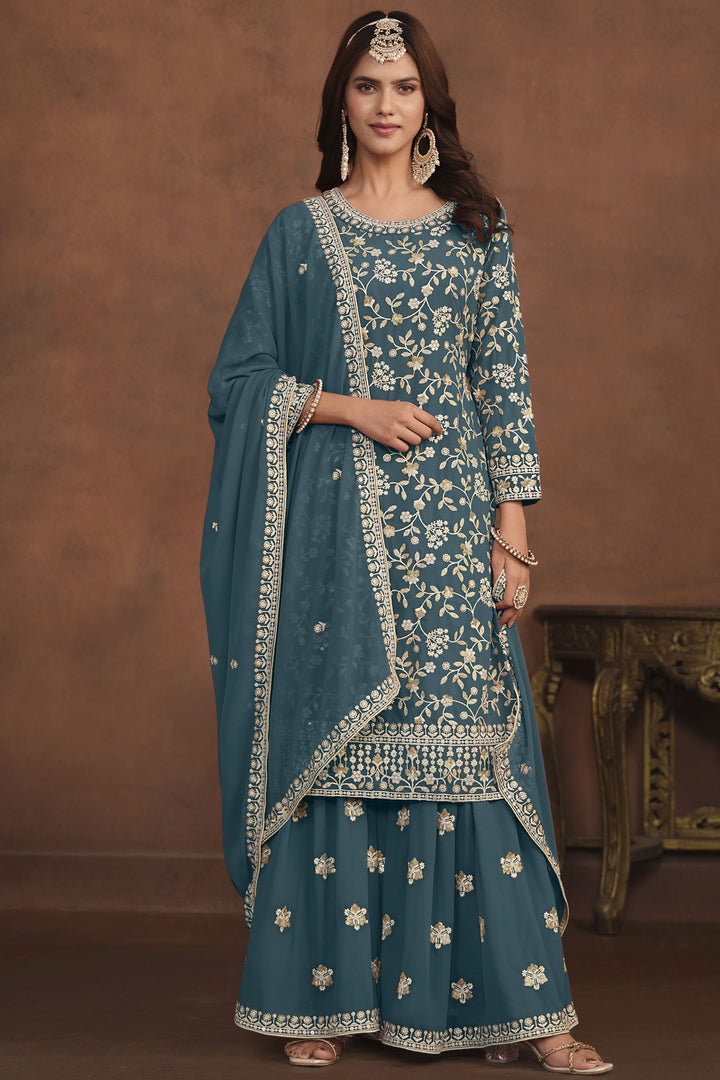 Embroidered Teal Color Function Wear Beautiful Georgette Palazzo Suit