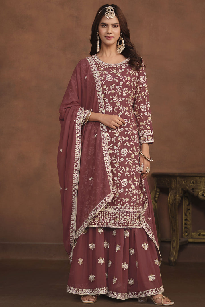 Function Wear Brown Attractive Embroidery Work Palazzo Dress In Georgette Fabric