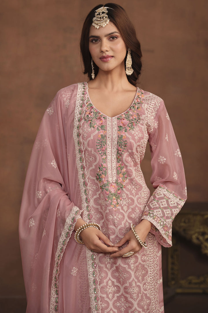 Pink Color Organza Fabric Trendy Salwar Suit With Embroidered Work