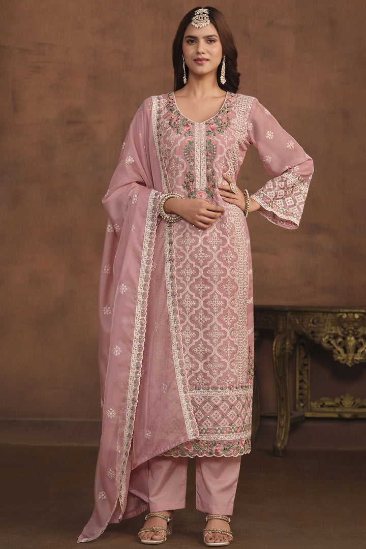 Pink Color Organza Fabric Trendy Salwar Suit With Embroidered Work