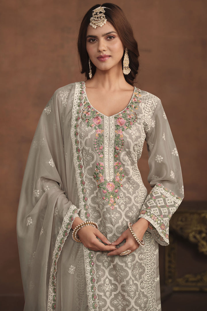 Organza Fabric Grey Color Attractive Salwar Suit With Embroidered Work