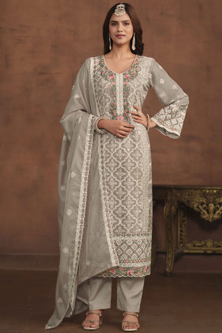 Organza Fabric Grey Color Attractive Salwar Suit With Embroidered Work