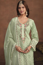 Load image into Gallery viewer, Sea Green Color Organza Fabric Beautiful Salwar Suit With Embroidered Work