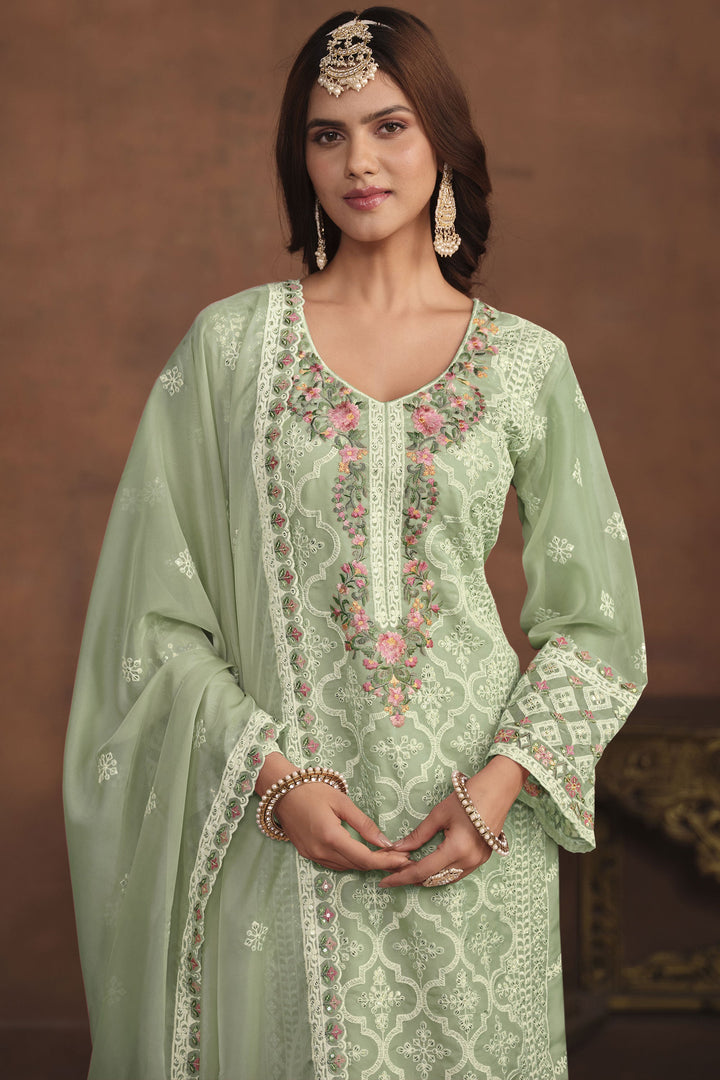 Sea Green Color Organza Fabric Beautiful Salwar Suit With Embroidered Work