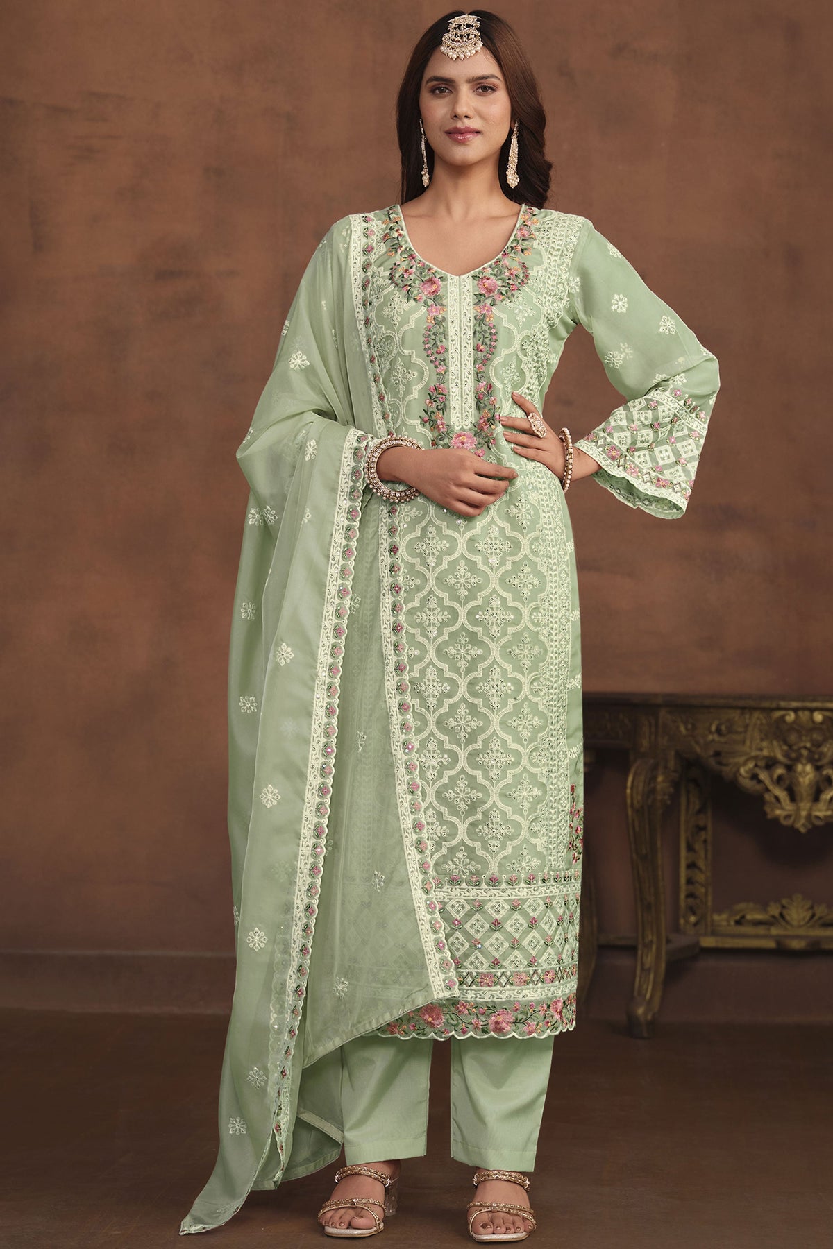 Sea Green Color Organza Fabric Beautiful Salwar Suit With Embroidered Work