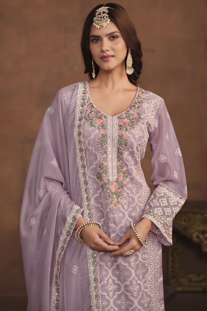 Organza Fabric Lavender Color Glamorous Embroidered Work Salwar Suit