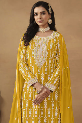 Fascinating Sangeet Wear Yellow Color Georgette Embroidered Palazzo Suit