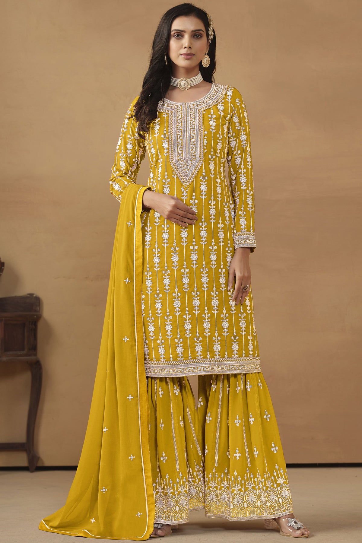 Fascinating Sangeet Wear Yellow Color Georgette Embroidered Palazzo Suit