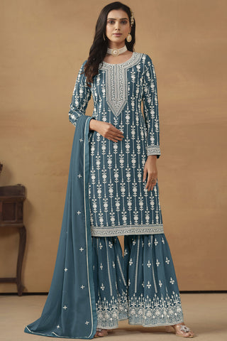 Radiant Teal Color Georgette Embroidered Palazzo Suit In Sangeet Wear