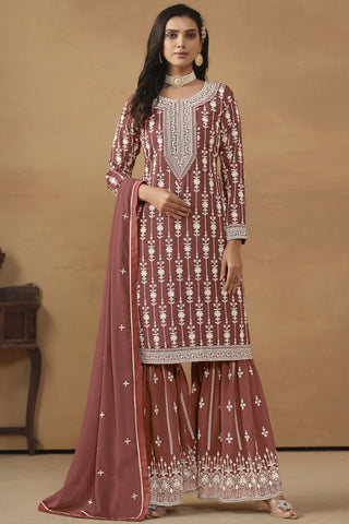 Georgette Fabric Brown Color Excellent Sangeet Wear Embroidered Palazzo Suit