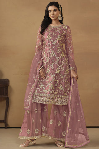 Dazzling Net Fabric Pink Color Embroidered Palazzo Suit