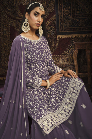 Embroidered Palazzo Salwar Kameez In Lavender Color