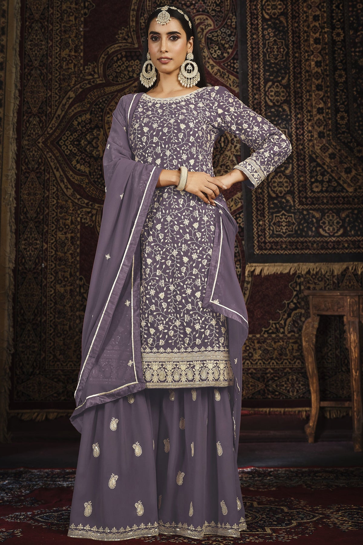 Embroidered Palazzo Salwar Kameez In Lavender Color