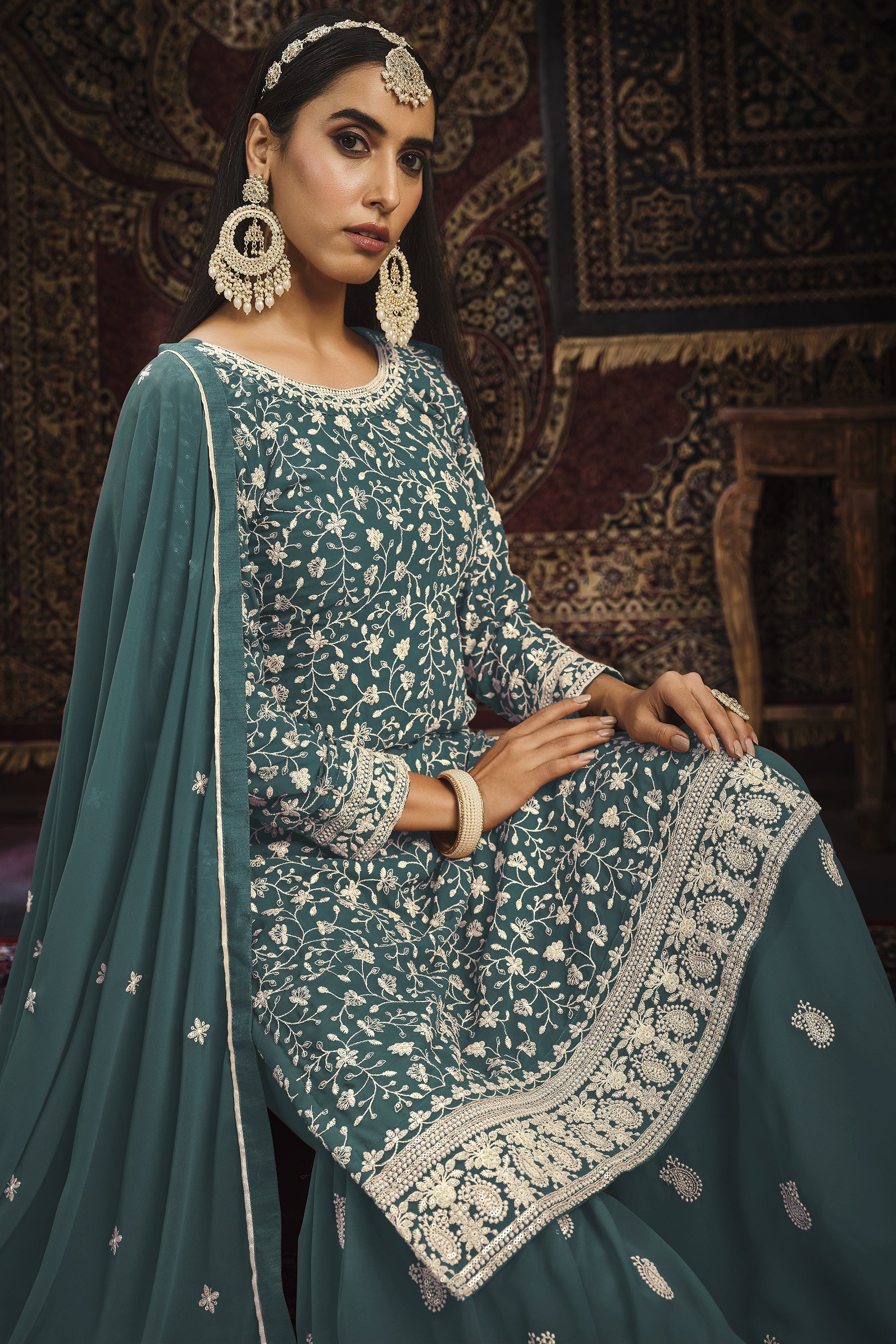 Teal Color Wedding Wear Palazzo Salwar Suit