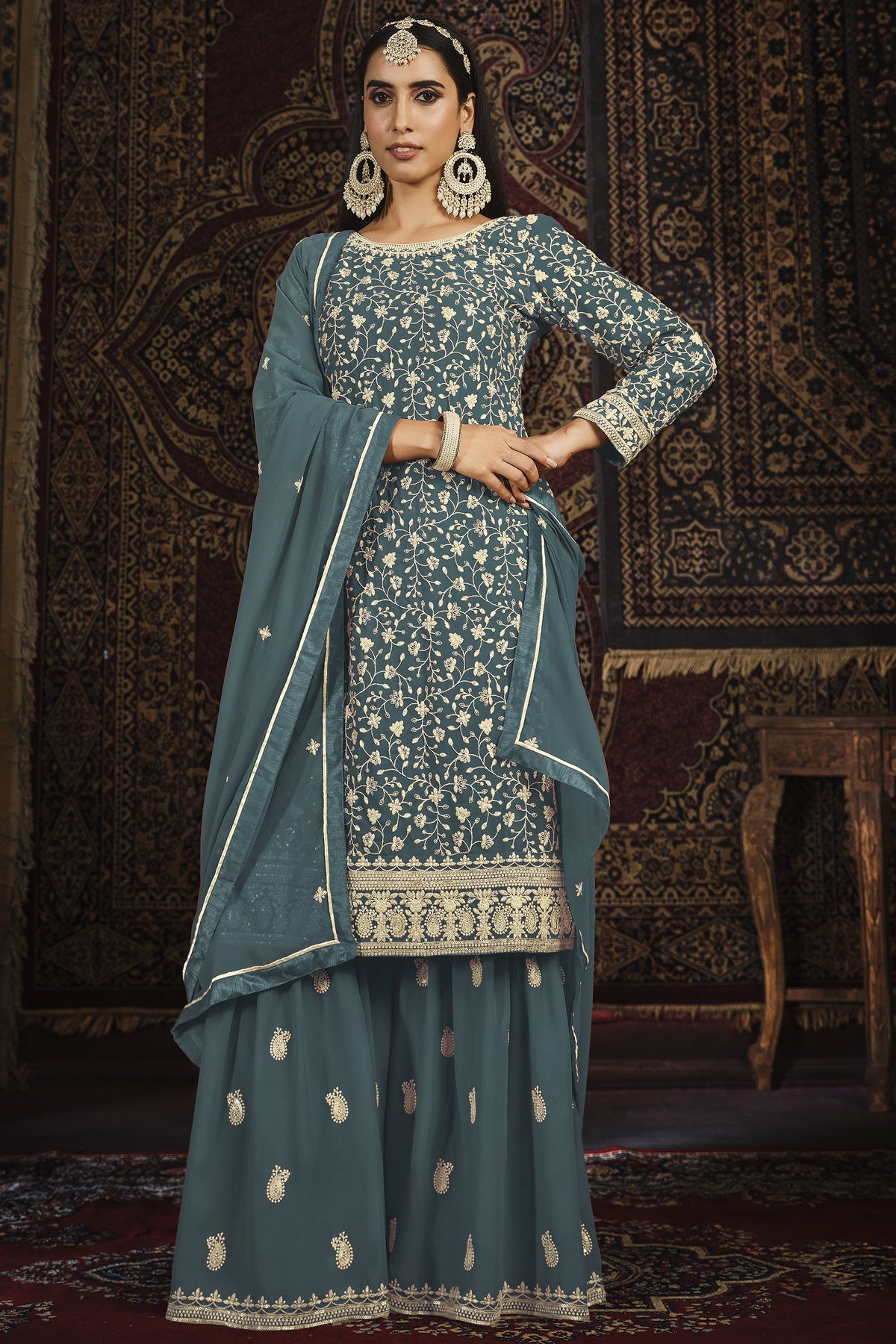 Teal Color Wedding Wear Palazzo Salwar Suit