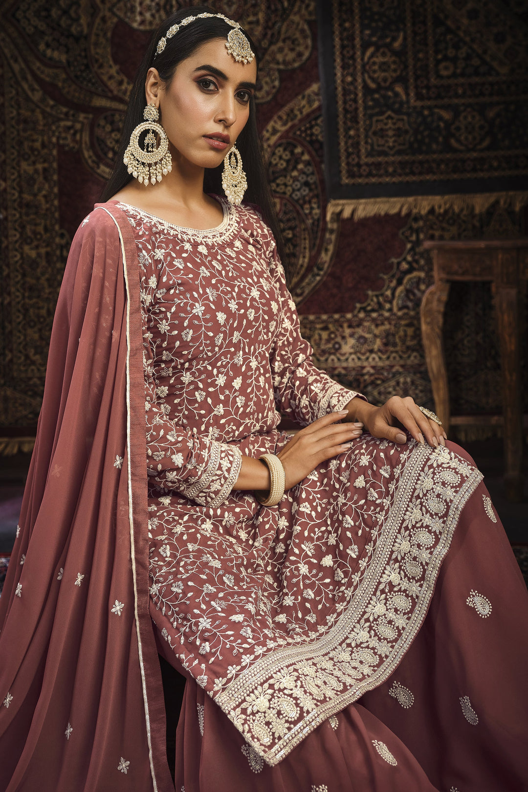Reception Wear Embroidered Georgette Fabric Palazzo Suit
