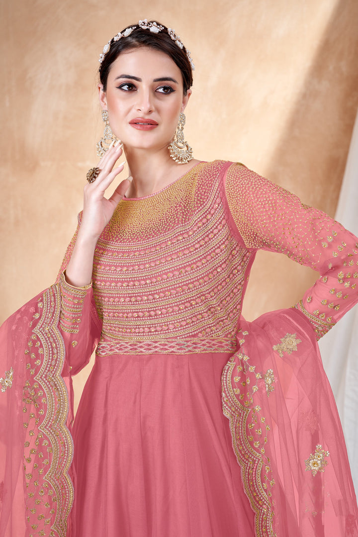 Pink Color Festive Wear Anarkali Salwar Kameez In Net Fabric