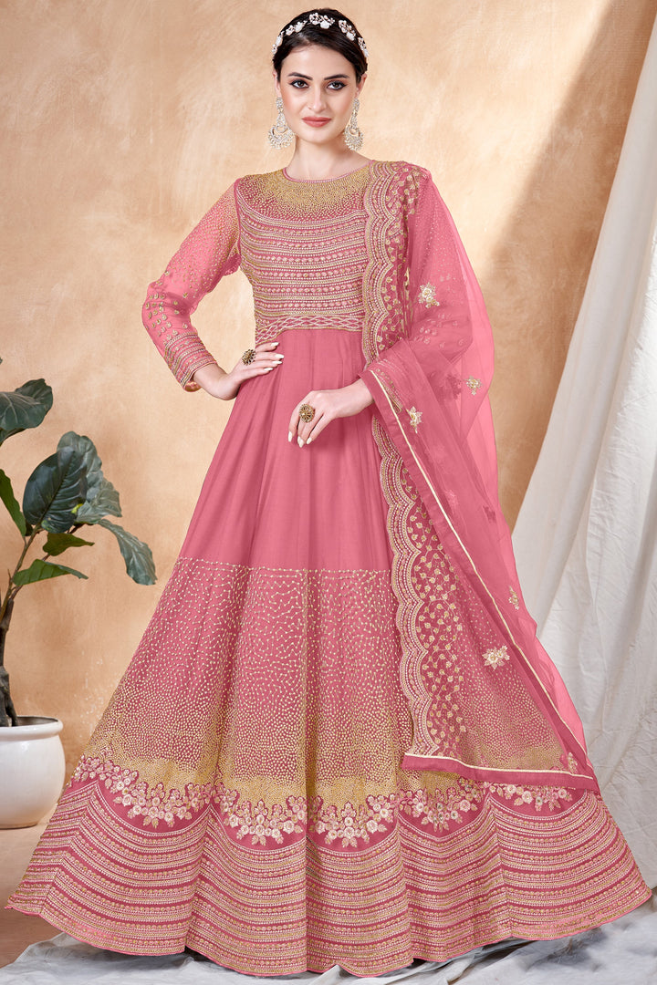 Pink Color Festive Wear Anarkali Salwar Kameez In Net Fabric