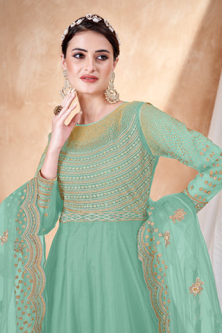 Embroidered Sangeet Wear Anarkali Salwar Kameez In Net Fabric