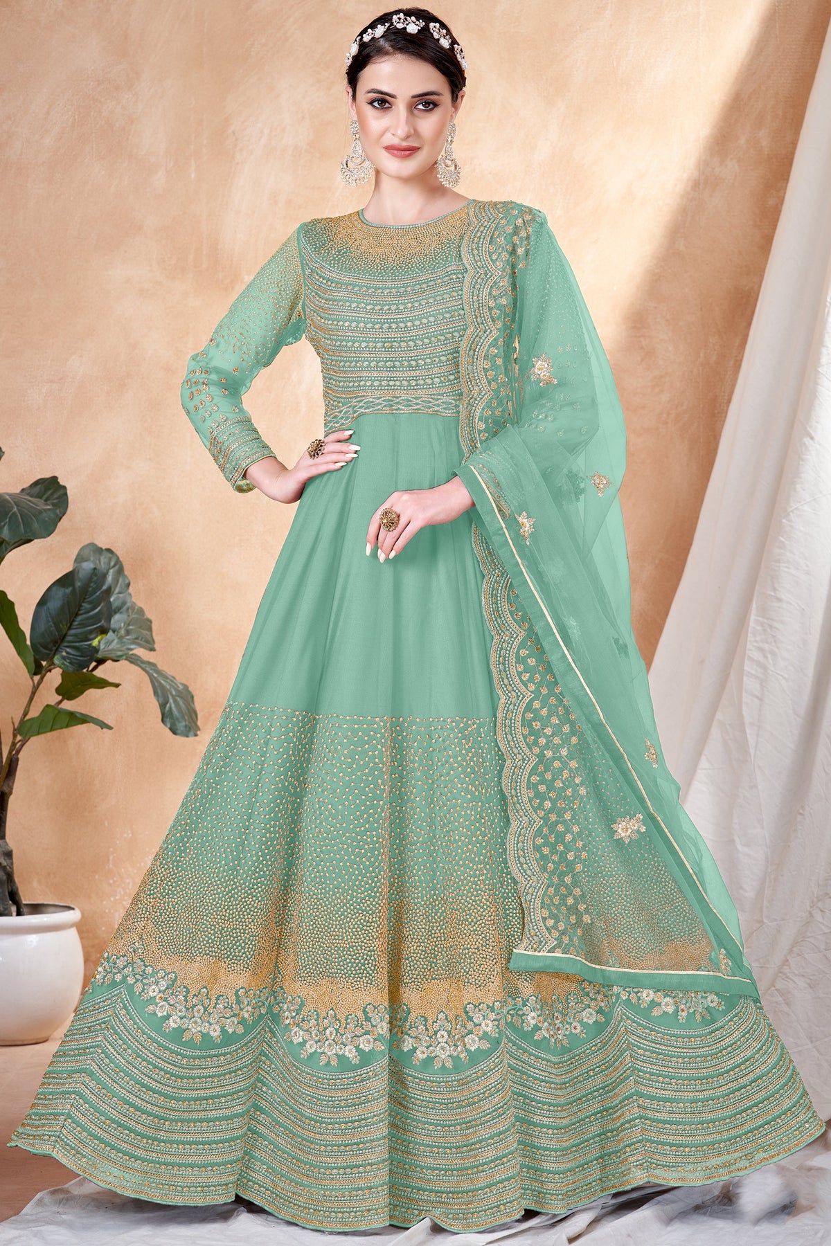 Embroidered Sangeet Wear Anarkali Salwar Kameez In Net Fabric