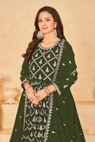 Georgette Fabric Embroidered Function Wear Long Anarkali Salwar Kameez In Green Color