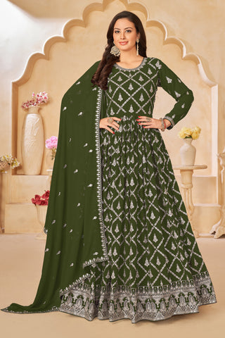 Georgette Fabric Embroidered Function Wear Long Anarkali Salwar Kameez In Green Color