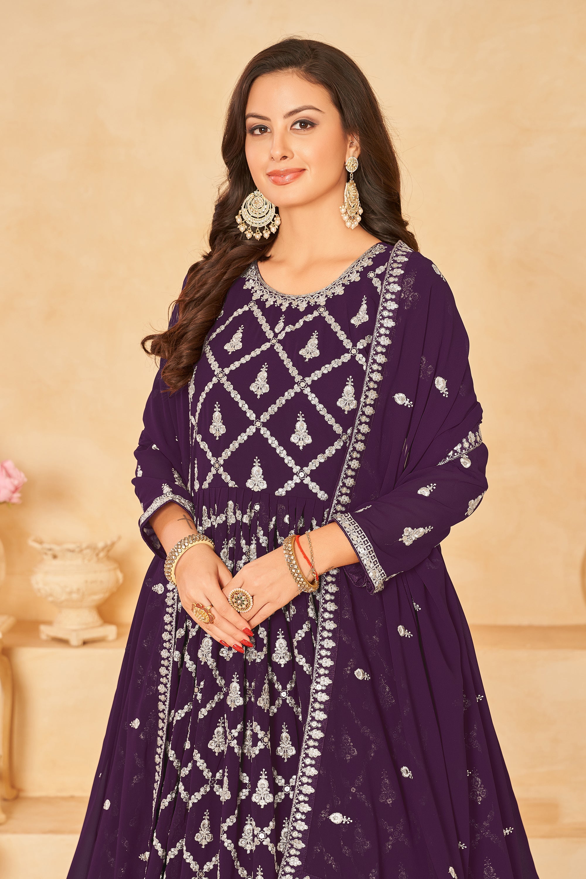 Embroidered Georgette Fabric Purple Color Long Anarkali Salwar Kameez