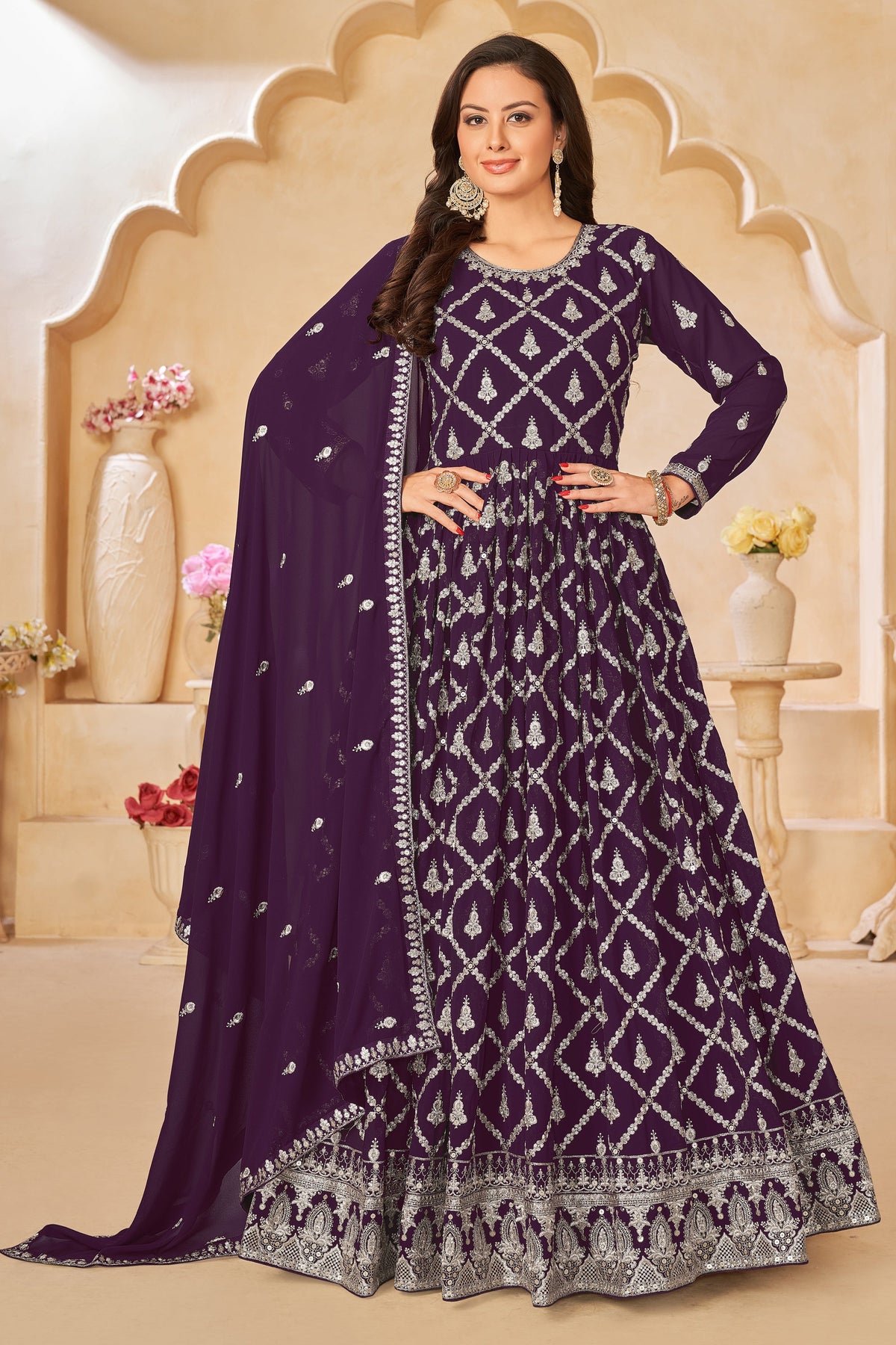 Embroidered Georgette Fabric Purple Color Long Anarkali Salwar Kameez