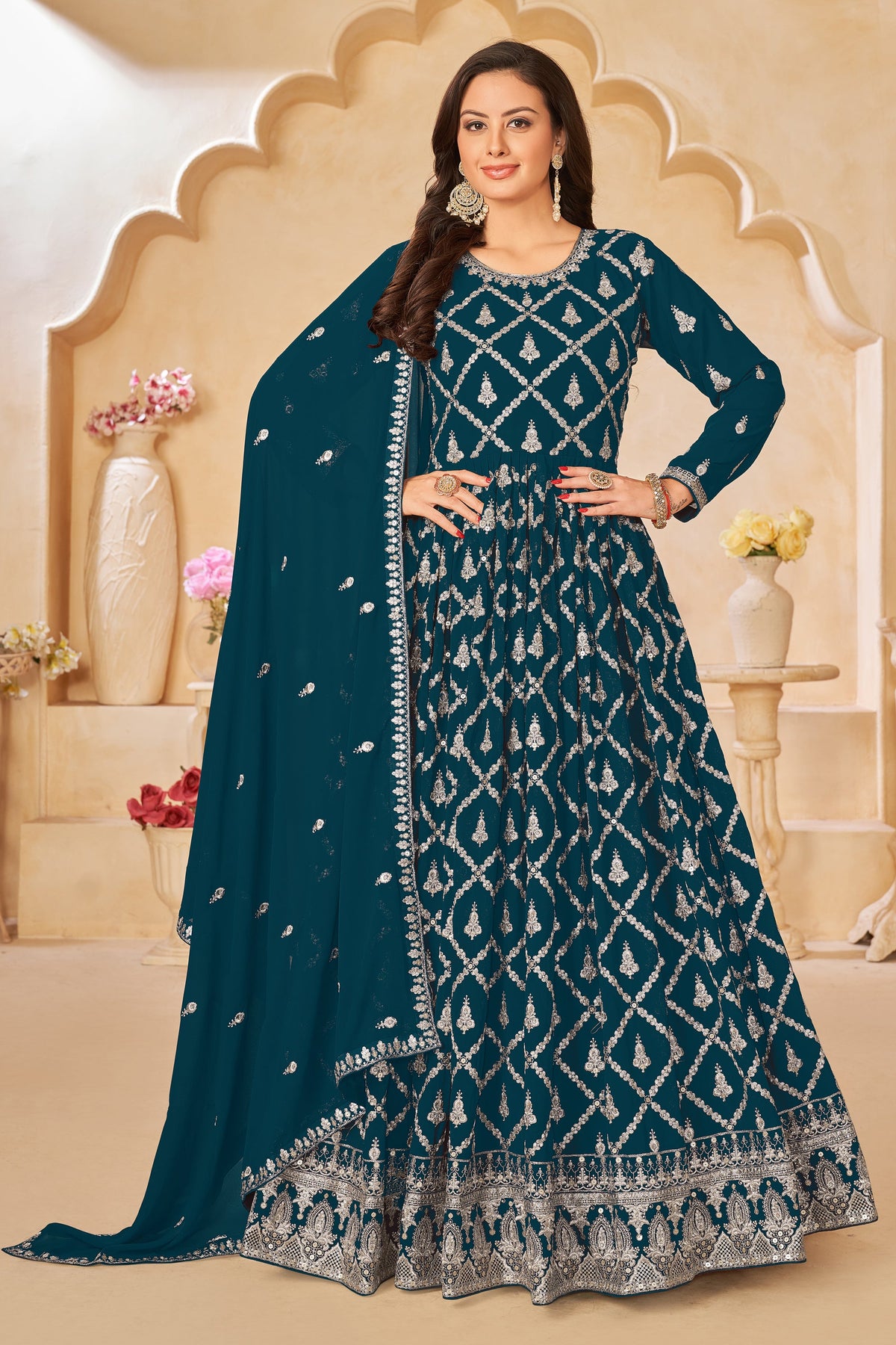 Embroidered Teal Color Georgette Fabric Festive Wear Long Anarkali Salwar Kameez