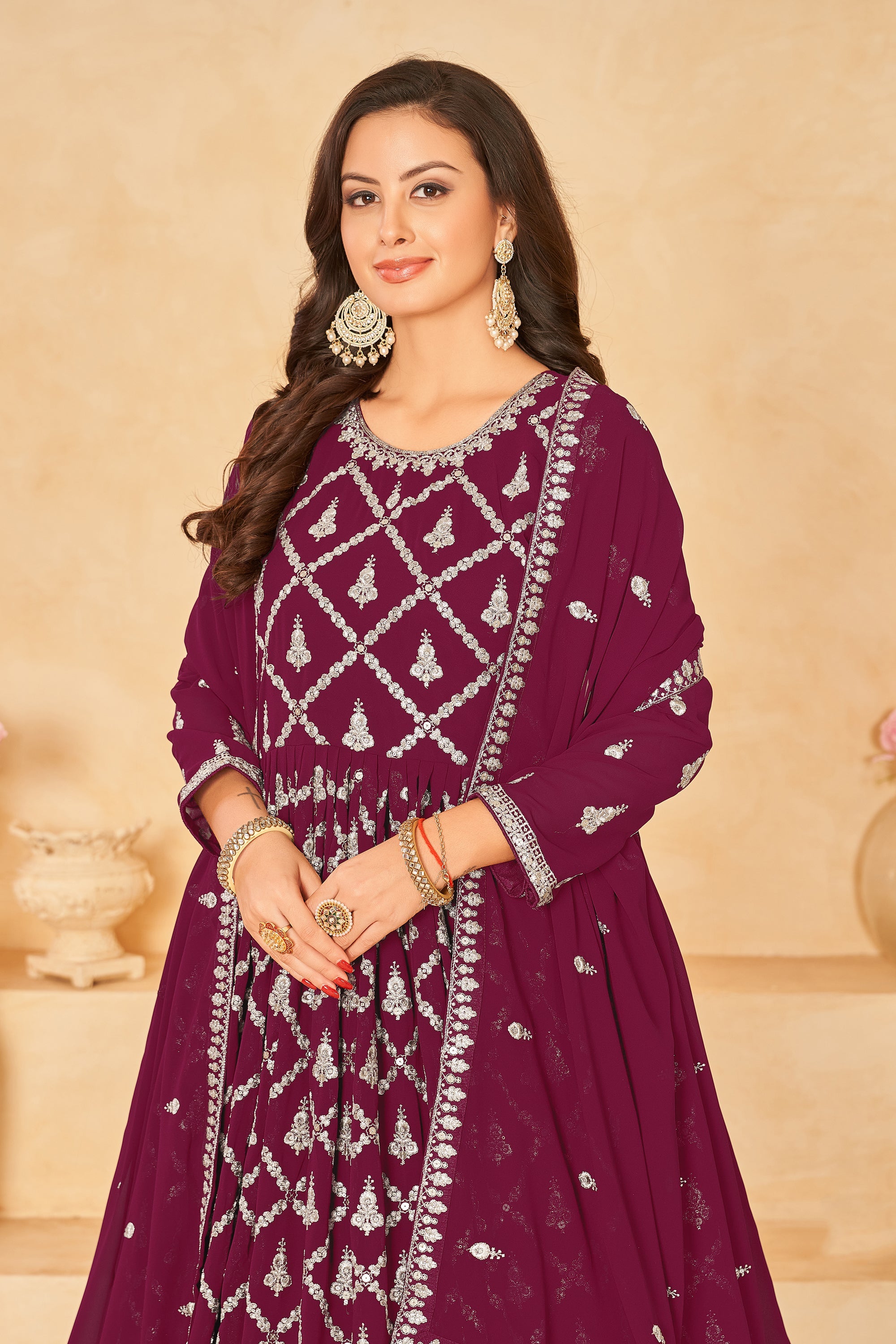 Embroidered Georgette Fabric Long Anarkali Suit In Wine Color