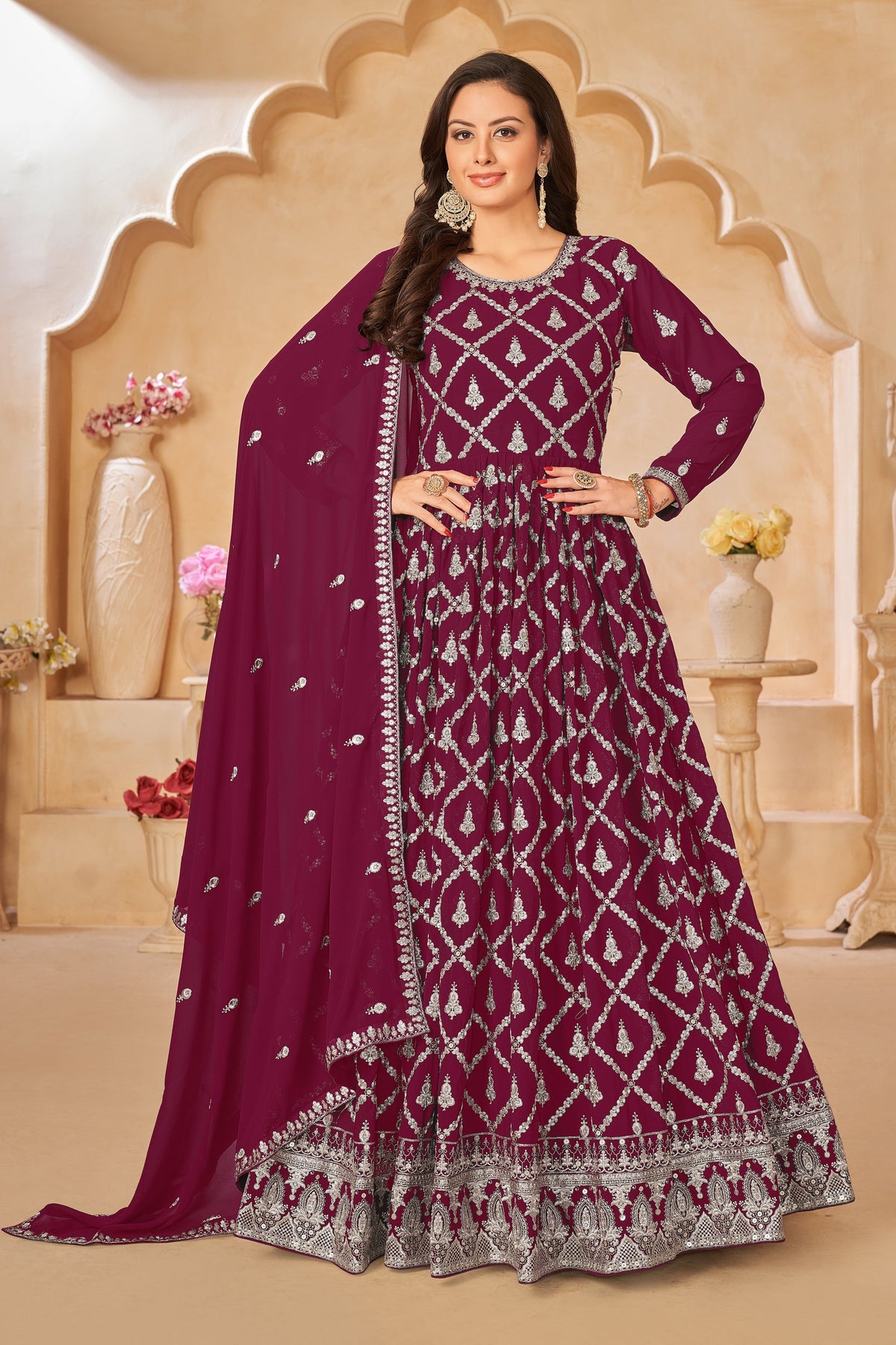 Embroidered Georgette Fabric Long Anarkali Suit In Wine Color