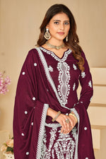 Load image into Gallery viewer, Elegant Sangeet Function Art Silk Fabric Wine Color Palazzo Suit