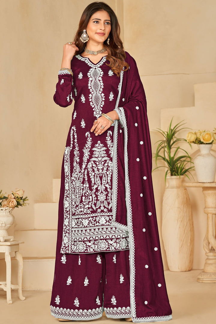 Elegant Sangeet Function Art Silk Fabric Wine Color Palazzo Suit