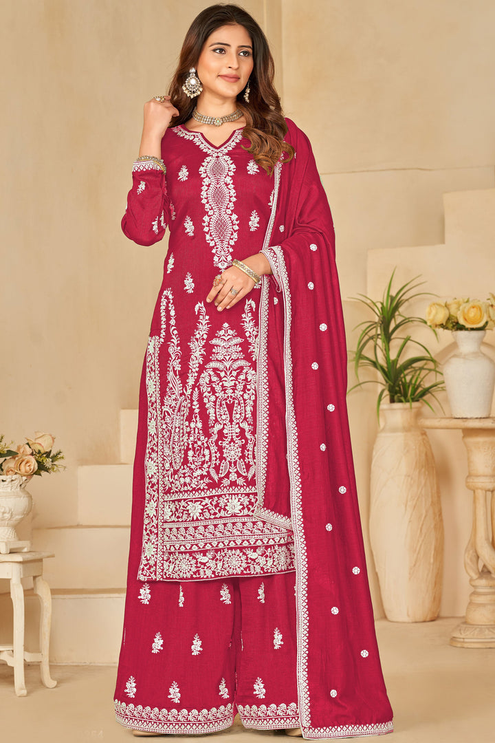Vintage Pink Color Sangeet Function Art Silk Fabric Palazzo Suit