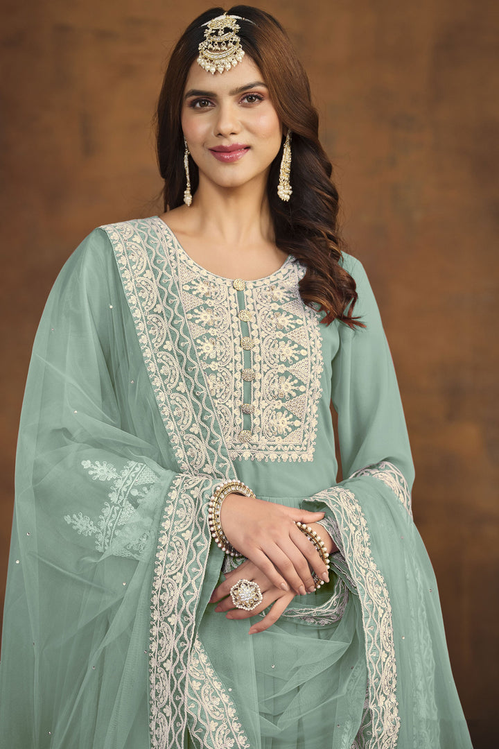 Engaging Cyan Color Georgette Festival Wear Palazzo Suit