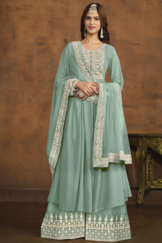 Engaging Cyan Color Georgette Festival Wear Palazzo Suit