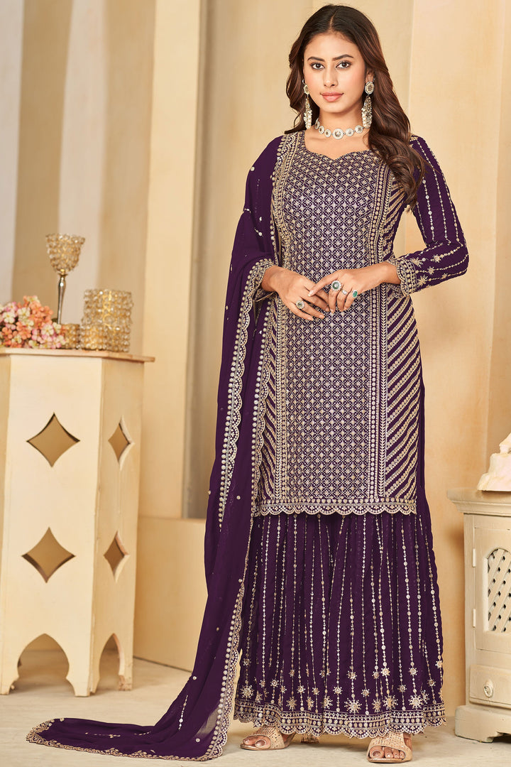Georgette Fabric Purple Color Sangeet Function Elegant Palazzo Suit