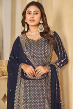 Load image into Gallery viewer, Navy Blue Color Georgette Fabric Sangeet Function Classic Palazzo Suit
