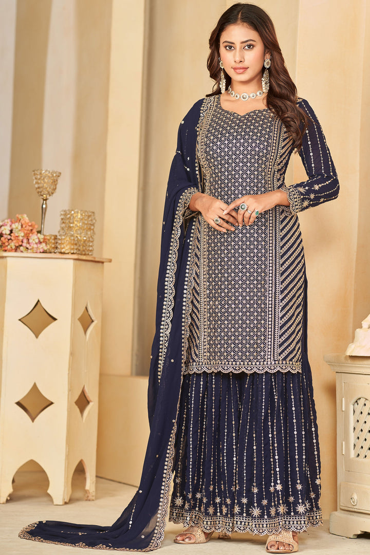 Navy Blue Color Georgette Fabric Sangeet Function Classic Palazzo Suit