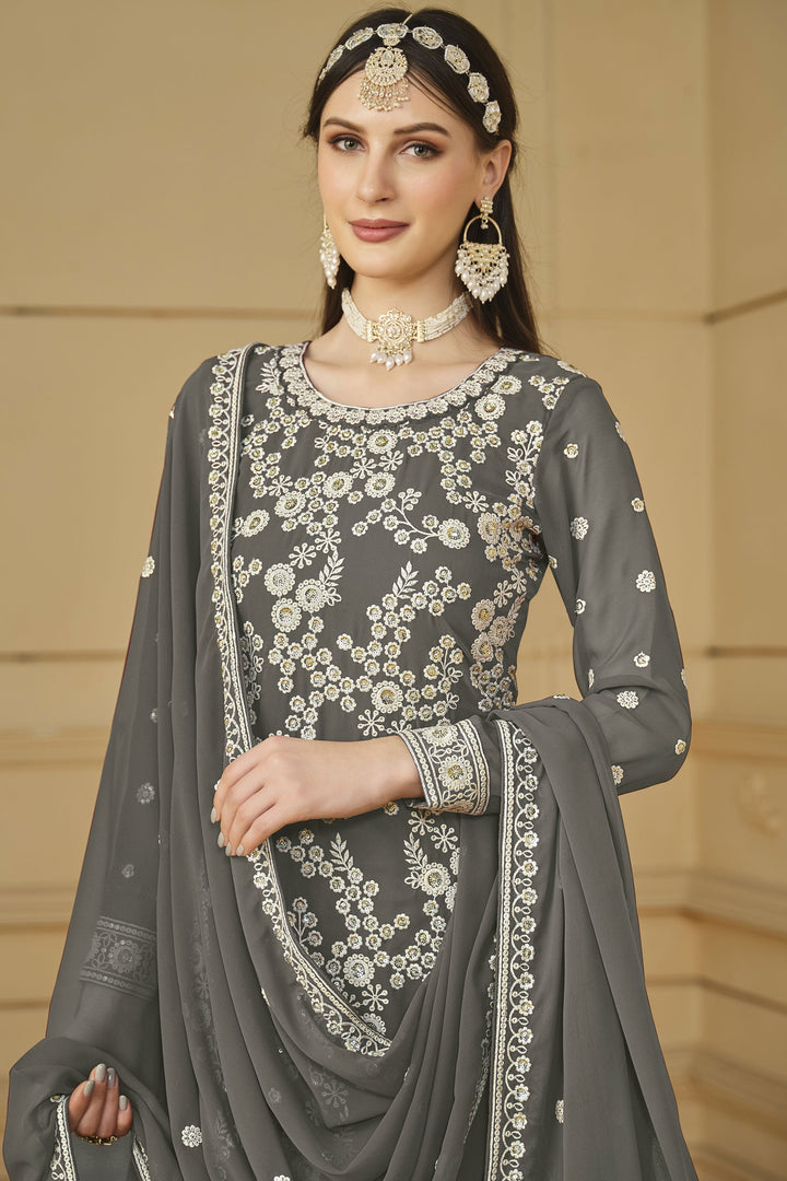 Grey Color Georgette Fabric Tempting Party Look Palazzo Suit