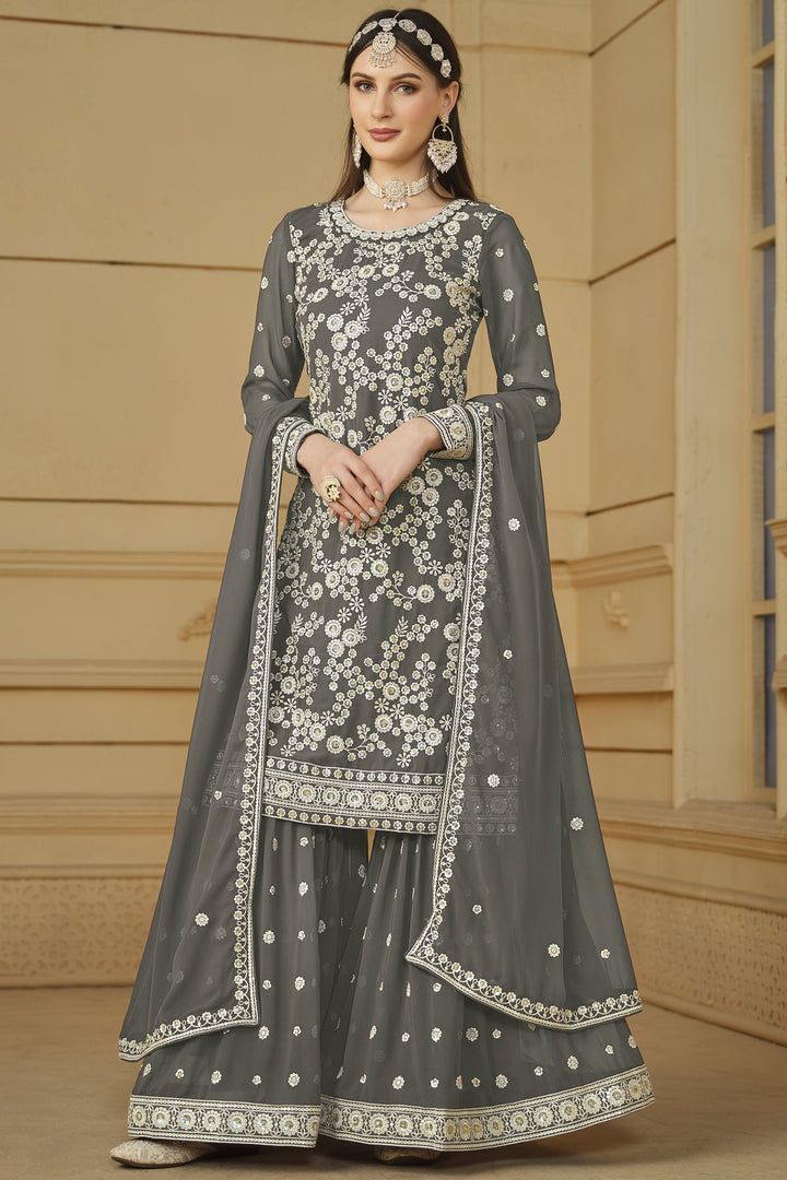Grey Color Georgette Fabric Tempting Party Look Palazzo Suit