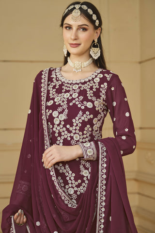 Charming Wine Color Georgette Fabric Party Look Palazzo Suit