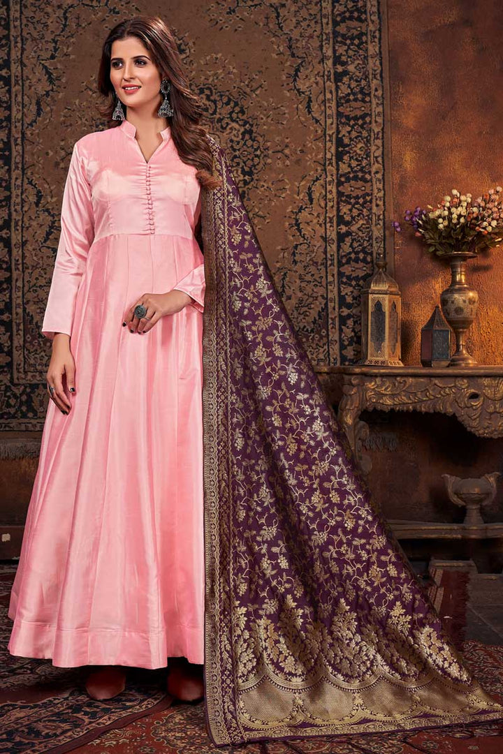 Dazzling Art Silk Fabric Pink Color Anarkali Suit With Contrast Dupatta