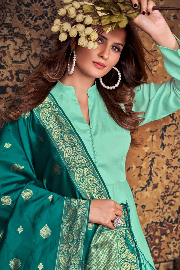 Art Silk Fabric Sea Green Color Excellent Anarkali Suit With Contrast Dupatta