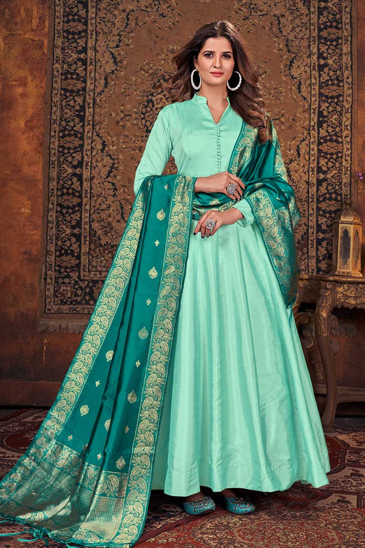 Art Silk Fabric Sea Green Color Excellent Anarkali Suit With Contrast Dupatta
