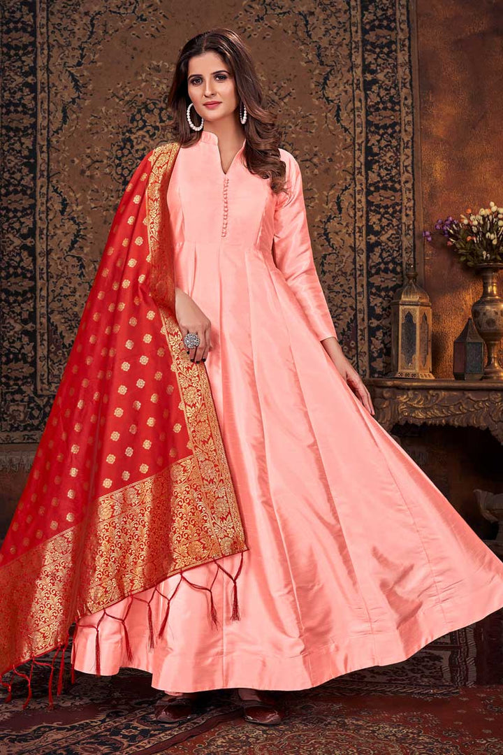 Glamorous Art Silk Fabric Peach Color Anarkali Suit With Contrast Dupatta